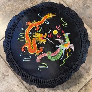 Golden Bee 1980s Vintage Chinese Silk Pillow Black with Chinese Dragons